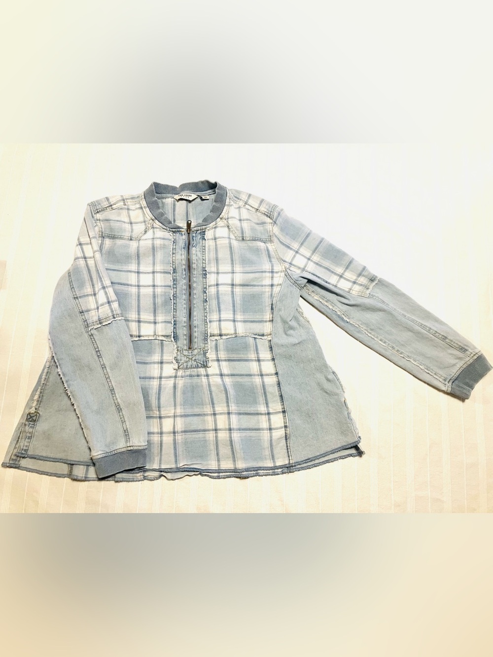 Tru Luxe Jeans Light Blue Plaid Mixed Media Denim Half Zip Pullover Top - Medium